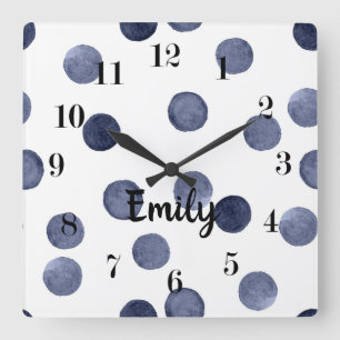 Horloge Carrée Style élégant, aquarelle pois, bleu et blanc