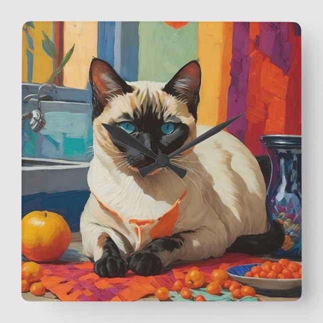 Horloge Carrée Style fauvisme chat siamois (Recto)