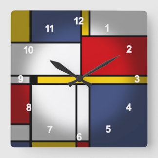 Horloge Carrée Style Mondrian Design d'art Abstrait moderne