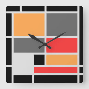 Horloge Carrée Style mondrique design orange rouge noir gris