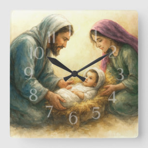 Horloge Carrée Style Peint Nativité Scène de Vacances Carte