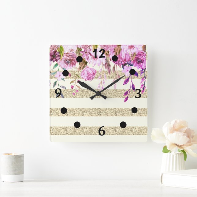 Horloge Carrée Stylish Floral Gold Striped (Maison)