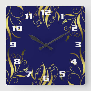 Horloge Carrée Stylish Golden flowers and blue background