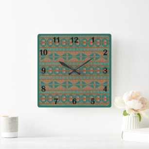 Horloge Carrée Sud-Ouest Copper Teal Géométrique Régulier Nombres
