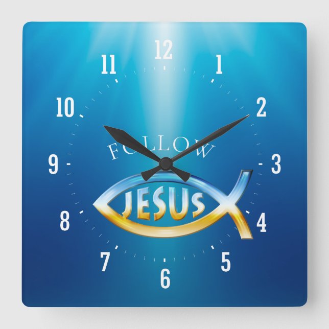 Horloge Carrée Suivre Jésus - Symbole du poisson chrétien (Recto)