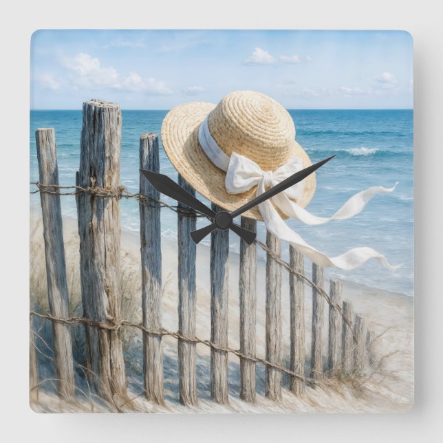 Horloge Carrée Summer Straw Hat On Beach Fence (Recto)