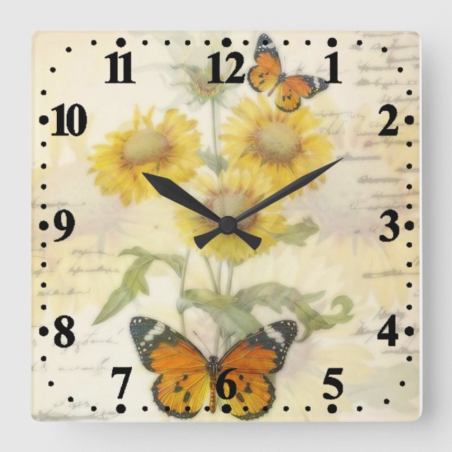 Horloge Carrée Sunflowers and butterfly (Recto)