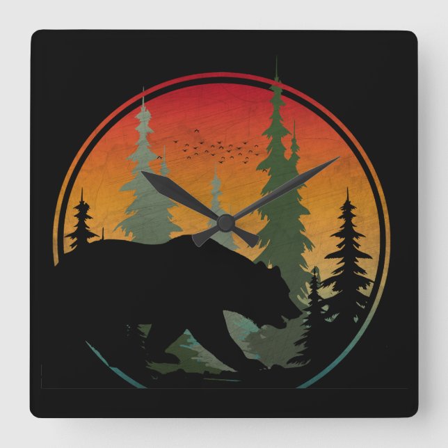 Horloge Carrée Sunset Bear Nature Forêt Animal (Recto)