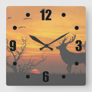 Horloge Carrée Sunset Deer Silhouette
