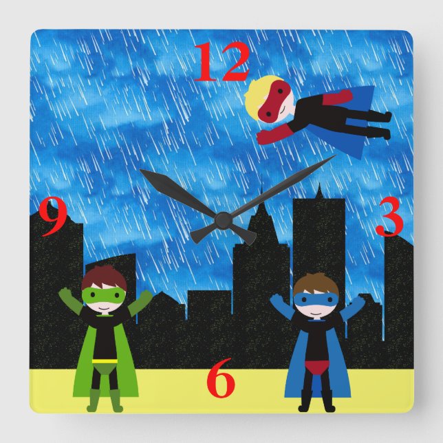 Horloge Carrée Super Hero Boys Bithday Party (Recto)