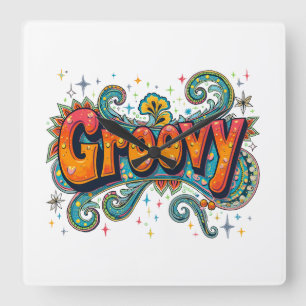 Horloge Carrée Super Retro Psychedelic les années 70 Funky Hippie