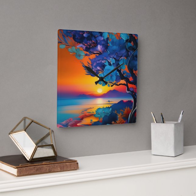 Horloge Carrée Superbe lever de soleil sur l'étang (Bureau)