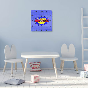 Horloge Carrée Superhero Kids Comic Book Nom personnalisé