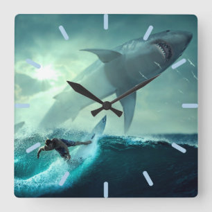 Horloge Carrée Surf avec requins