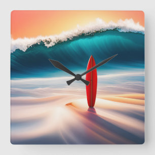 Horloge Carrée Surf debout dans le sable avec vague