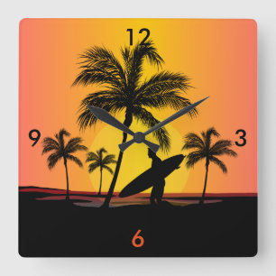 Horloge Carrée Surfer au coucher du soleil