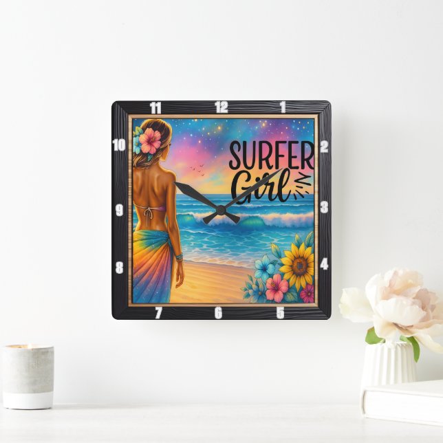 Horloge Carrée Surfer Girl Beach Sunset (Maison)
