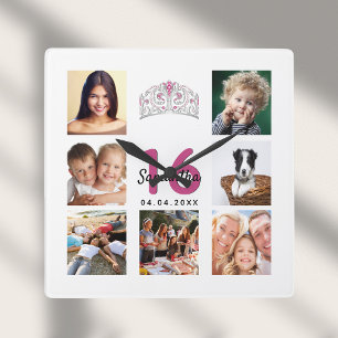 Horloge Carrée Sweet 16 personnalisé photo collage tiara