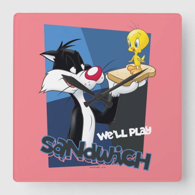 Horloge Carrée SYLVESTER™ & TWEETY™ "Nous allons jouer au sandwic (Recto)
