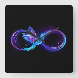 Horloge Carrée Symbole de l'infini néon avec colibri lumineux