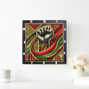 Horloge Carrée Symbole de poing à thème africain couleurs vives