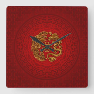 Horloge Carrée Symbole du Bonheur avec Phoenix et Dragon