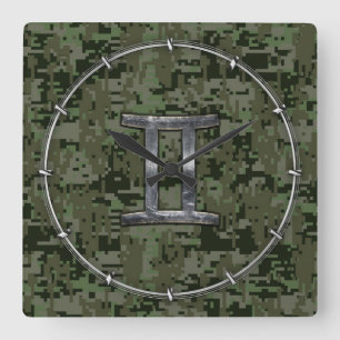 Horloge Carrée SYMBOLE Zodiaque Gemini sur Camouflage numérique v
