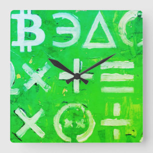 Horloge Carrée Symboles de Bitcoin (Bénéfice vert brillant - 5)