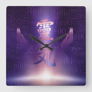Horloge Carrée Symboles de Reiki et mains curatives sur la