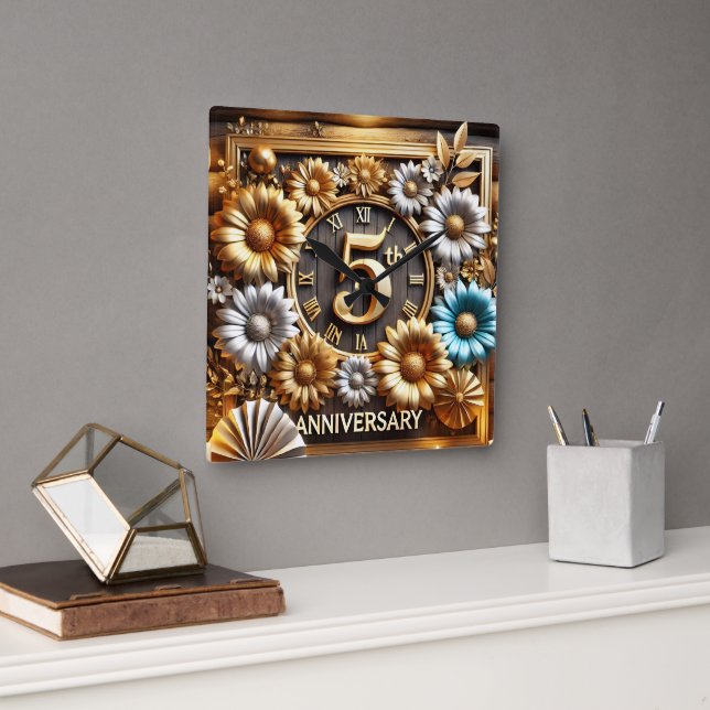 Horloge Carrée Symbolisant le 5ème anniversaire de mariage (Bureau)