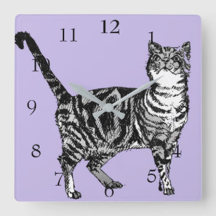 Horloge Carrée Tabby Cat Cats Art Animal Pastel Purple Lavender