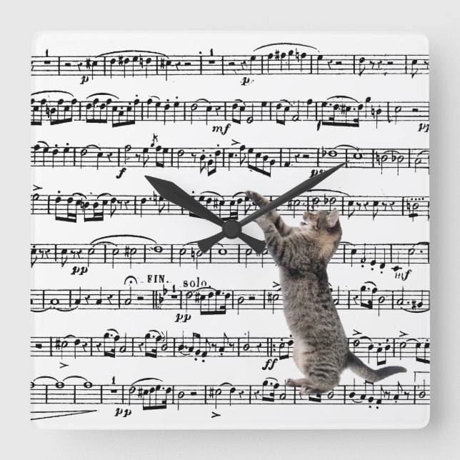 Horloge Carrée Tabby Cat On Sheet Music (Recto)