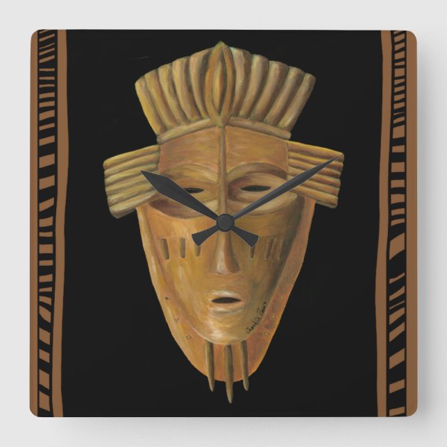 Horloge Carrée Tableau de Masque Africain par Chariklia Zarris (Recto)