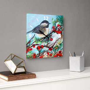 Horloge Carrée Tableau d'oiseaux hivernaux doux au poulet