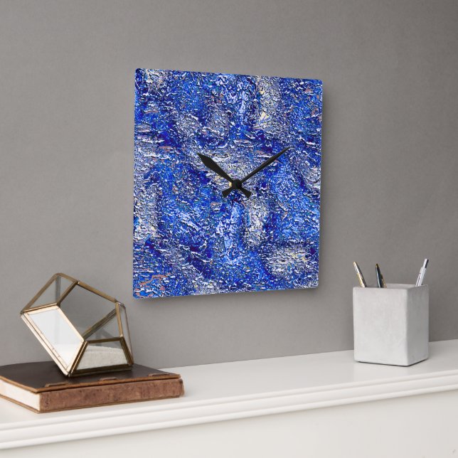 Horloge Carrée Taches argentées très rugueuses sur texture bleue  (Bureau)