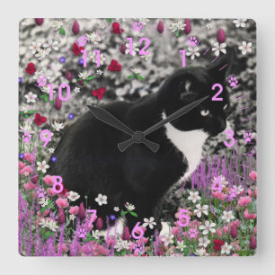 Horloge Carrée Taches de rousseur en fleurs II - chat de Kitty de