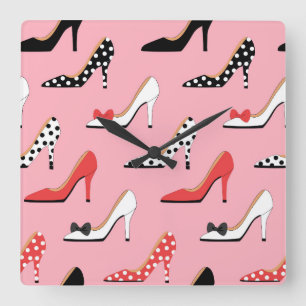 Horloge Carrée Talons roses Pois rouges