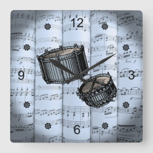 Horloge Carrée Tambours Snare ~ Partition roulée ~ Tint Bleu Reto