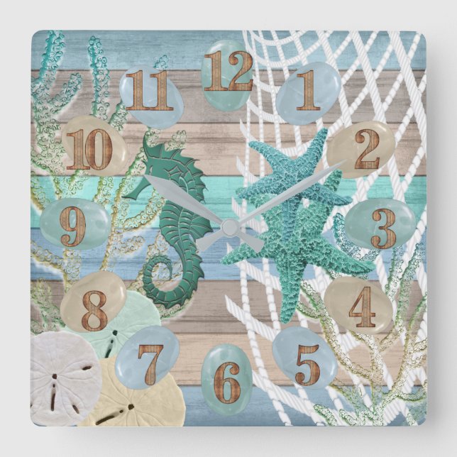 Horloge Carrée Tan et Blue Beach Bois Nautique (Recto)