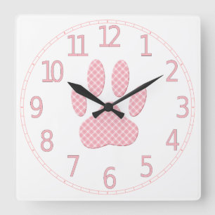 Horloge Carrée Tartan Rose Et Blanc Empreinte De Patte