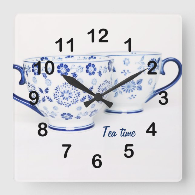 Horloge Carrée Tasse de thé classique élégante bleue (Recto)
