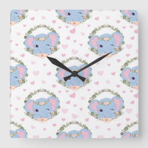 Horloge Carrée Tatouage d'éléphant et de fleurs