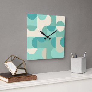 Horloge Carrée Taupe Beige Turquoise Blue Mint Cercles verts Moti