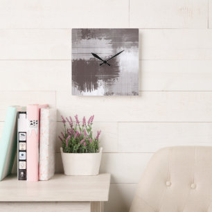 Horloge Carrée Taupe blanc Abstrait brosses