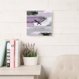 Horloge Carrée Taupe Mauve Blanc Abstrait Brushstrokies