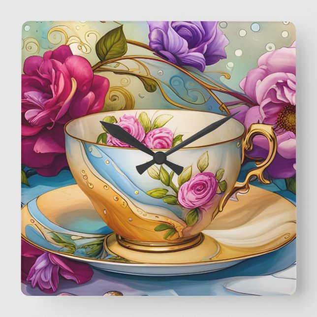 Horloge Carrée Tea Time - Tea Cup Art (Recto)
