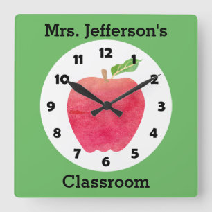 Horloge Carrée Teacher Watercolor Apple Personalized Green Class
