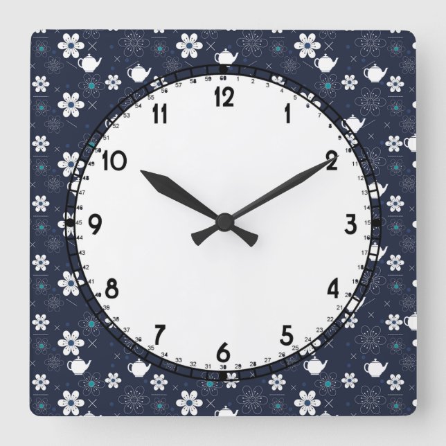 Horloge Carrée Teapots et fleurs (Recto)