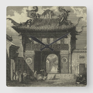 Horloge Carrée Temple impérial asiatique dans noir et le blanc