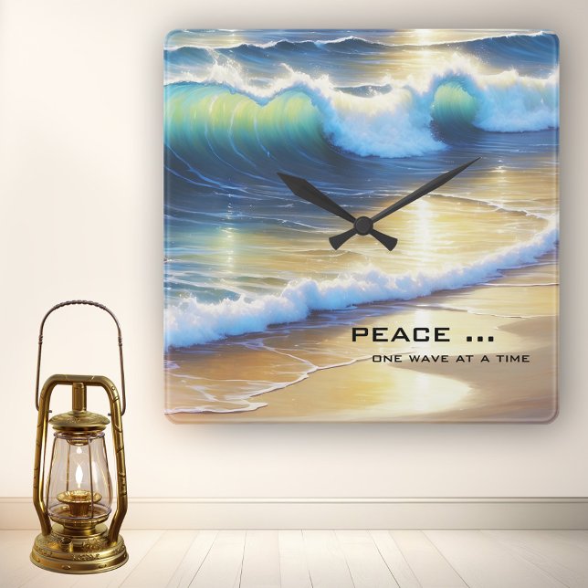 Horloge Carrée Temps de rêve des vagues de la plage (Wall clock featuring a peaceful painting of a wave on the beach in the sun.)